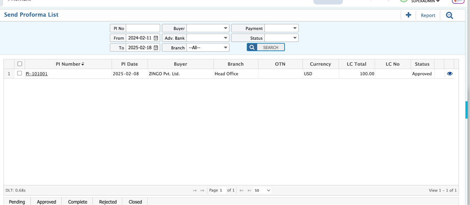 Send Proforma Invoice List